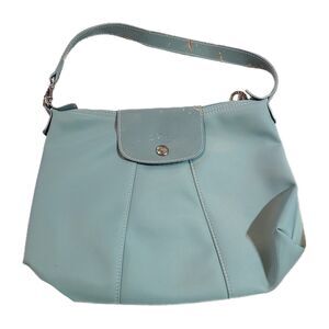 Longchamp Le Pilage Lagoon Blue Canvas & Leather Trim Top Handle Shoulder Bag